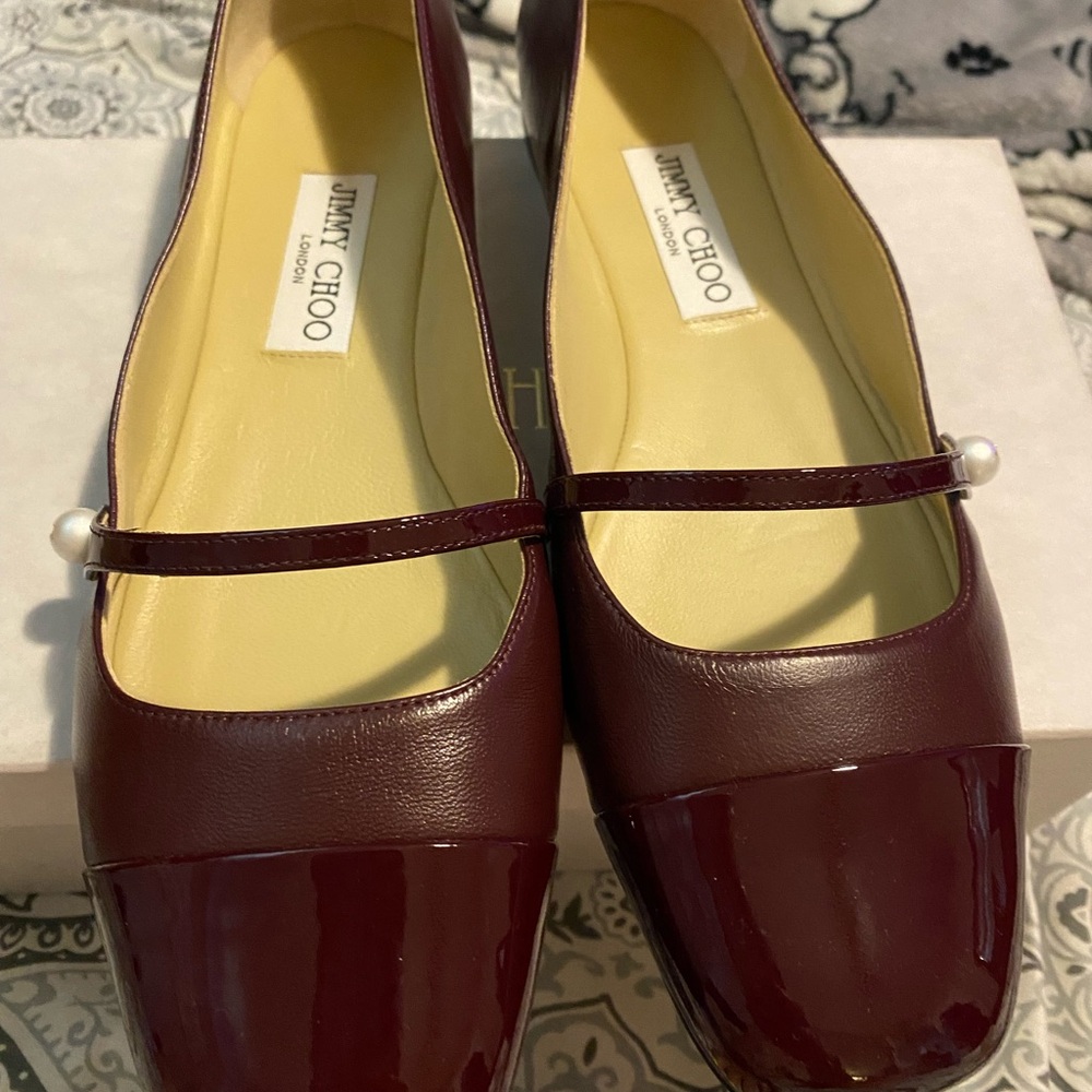 Jimmy Choo Maroon Flats with Pearl Accent